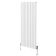 Sleek white oval column radiator with vertical fins, standing on silver valves, measuring 1600mm x 600mm, ideal for modern interiors