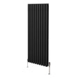Sleek black oval column radiator with vertical fins, standing on sturdy silver valves, measuring 1600mm x 600mm, ideal for modern spaces