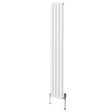 Sleek white oval column radiator with vertical fins, measuring 1800mm x 240mm, featuring stylish valves at the base