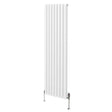 Sleek white oval column radiator with vertical fins, measuring 1800mm x 480mm, complemented by stylish valves at the base