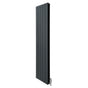 Slim anthracite grey aluminium radiator with vertical panels, measuring 1800mm x 395mm, featuring a sleek modern design and valves