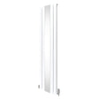 Sleek white flat mirror radiator with a polished surface, measuring 1800mm x 425mm, featuring modern valve fittings on the sides