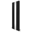 Sleek black flat mirror radiator with vertical panels, measuring 1800mm x 565mm, featuring modern chrome valves for stylish heating