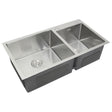 Double stainless steel sink featuring a sleek, polished finish, two spacious basins, and integrated drain holes for easy installation