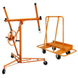 Heavy-duty orange drywall lifter hoist with adjustable height and sturdy trolley for easy transport of plaster boards