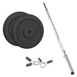 Black cast iron weight plates with a textured surface, a shiny chrome barbell, and spring clips for secure weight attachment