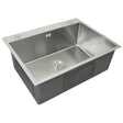 Sleek single stainless steel sink with a polished finish, featuring a central drain and smooth edges for easy cleaning and modern design