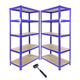 Blue metal corner shelving unit with two 90cm garage storage bays, featuring sturdy shelves and a rubber mallet for assembly