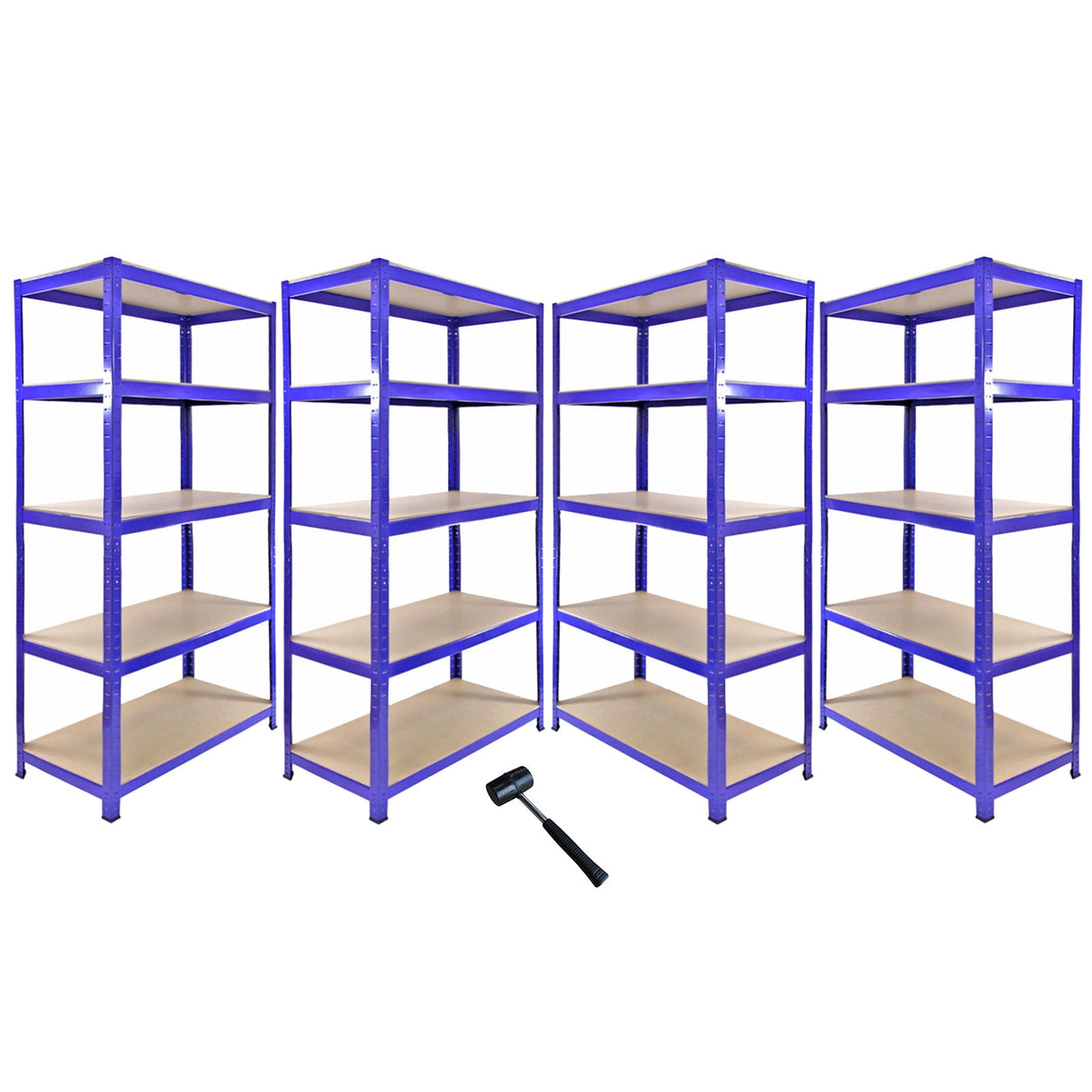 Blue Monster Racking T-Rax corner shelving unit with four 90cm storage bays, featuring sturdy metal frames and wooden shelves