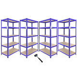 Blue Monster Racking T-Rax corner shelving unit with four 90cm storage bays, featuring sturdy metal frames and wooden shelves