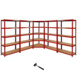 Red metal corner racking bundle with four garage shelving bays and smooth wooden shelves, designed for efficient storage solutions