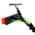 20ft water fed window cleaning pole with a vibrant red and blue brush head, featuring a sturdy black squeegee attachment and green accents