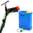 Bright blue 16L water-fed backpack with yellow cap and 20ft cleaning pole featuring a multi-colored brush head for effective cleaning