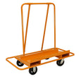 Sturdy orange drywall and plasterboard trolley with a flat base, two vertical handles, and four durable wheels for easy mobility