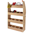 Nissan Primastar plywood van racking unit featuring three open shelves and multiple storage compartments for tools and equipment