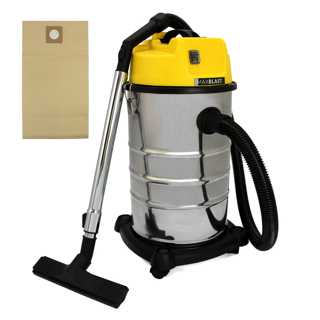 MAXBLAST 30L vacuum cleaner with a shiny silver body, yellow top, and black hose, alongside a brown paper dust bag pack of five