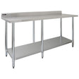 Stainless steel catering table, 7ft wide, featuring a smooth surface, sturdy legs, and a lower shelf for storage and organization