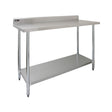 Commercial 4FT wide stainless steel catering table with a smooth surface, sturdy legs, and a lower shelf for storage