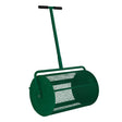 Green compost and peat moss spreader with a cylindrical mesh drum and sturdy handle, designed for easy garden use