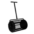 Black compost and peat moss spreader with a sturdy handle, featuring a mesh drum for even distribution of materials