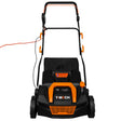 T-Mech artificial grass vacuum with a sleek black and orange design, featuring a sturdy handle and large wheels for easy maneuverability