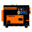 Portable T-Mech silent diesel generator in black and orange, featuring control panel, wheels, and single-phase 230V output