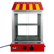 Bright red and yellow striped hot dog steamer with glass sides, stainless steel interior, and adjustable temperature control for cooking
