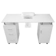 Sleek white professional manicure table with a spacious top, built-in ventilation, and storage drawers on both sides