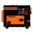 Portable T-Mech silent diesel generator in black and orange, featuring control panel with sockets, wheels for mobility, and compact design