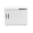 Sleek white towel warmer with a smooth surface, rounded edges, and a simple control panel for easy temperature adjustment