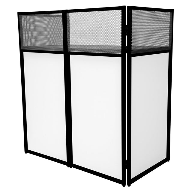 Sleek black DJ disco booth featuring mesh panels and smooth white surfaces, ideal for events and parties, enhancing any setup