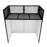 Sleek black DJ disco booth with a mesh top and white panels, ideal for events, featuring a modern, minimalist design