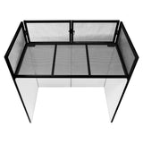 Sleek black metal DJ disco booth with a mesh top and white side panels, designed for optimal performance and style at events