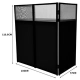Black DJ disco booth with mesh panels, measuring 113.5cm high, 105cm wide, and 57cm deep, designed for events and performances