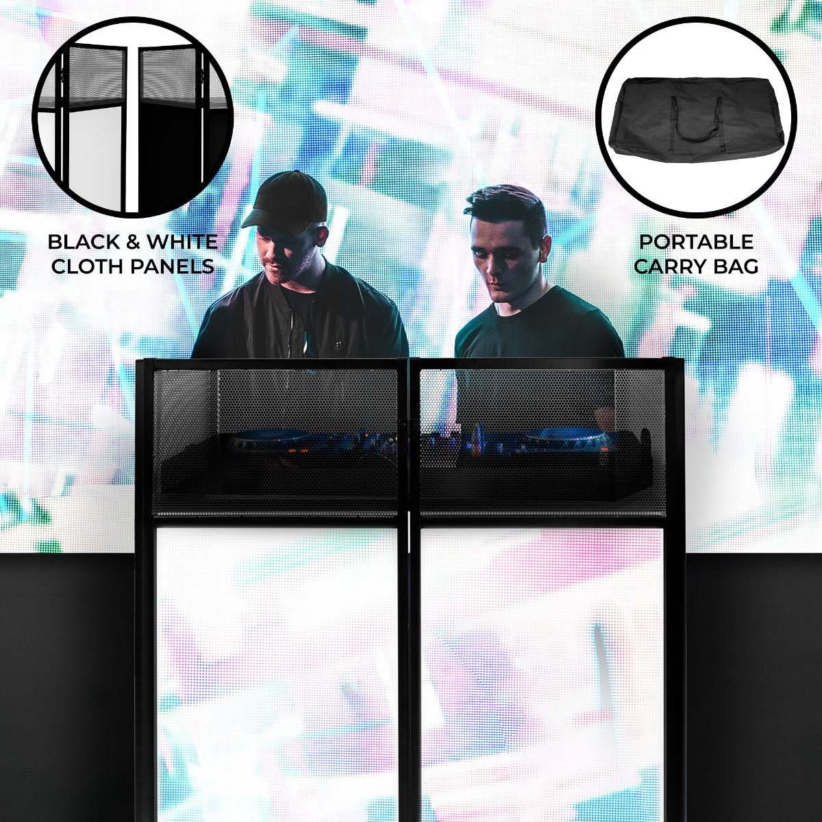DJ disco booth featuring black and white cloth panels, with a portable carry bag, set against a vibrant digital backdrop