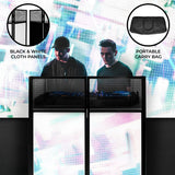 DJ disco booth featuring black and white cloth panels, with a portable carry bag, set against a vibrant digital backdrop