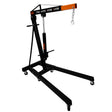 Hydraulic engine crane with a sturdy black frame, orange accents, adjustable arm, and smooth-rolling wheels for easy maneuverability