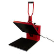 Red clam heat press measuring 38 x 38 cm with a sturdy handle, flat black heating plate, and adjustable temperature control for easy use