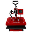 Red swing heat press machine with a 38 x 38cm plate, digital display, adjustable pressure knob, and sturdy handle for easy operation