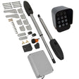 Swing gate opener kit featuring two metallic arms, a wireless keypad, and various mounting hardware in a sleek, modern design