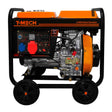 T-Mech 5kVA portable diesel generator with an open frame, featuring a bright orange and black design, sturdy wheels, and control panel
