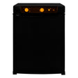 Compact black 3-way absorption fridge featuring a sleek design, orange control knobs, and a smooth, matte finish for modern kitchens