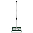 Green T-Mech lawn leveller with a sturdy metal handle and a wide, flat base designed for even soil leveling and lawn care