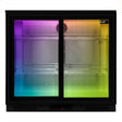 Sliding double door back bar fridge cooler with a sleek black frame, illuminated with vibrant gradient colors and spacious interior shelves
