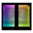 Hinged double door back bar fridge cooler with vibrant gradient lighting, sleek black exterior, and spacious interior shelves