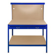 Sturdy blue workbench featuring a pegboard back, spacious drawer, and integrated light, ideal for organizing tools and workspace