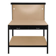 Sturdy black workbench featuring a pegboard back, two drawers, and a spacious light-colored work surface for versatile use
