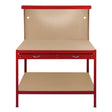 Red workbench featuring a pegboard back, two drawers, and an overhead light, ideal for organizing tools and workspace efficiently