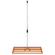 Bright orange T-Mech lawn leveller with a sturdy metal frame and a long handle, designed for leveling soil and grass surfaces