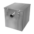 Stainless steel 35-litre grease trap with a square shape, featuring a shiny finish and secure latches for easy access